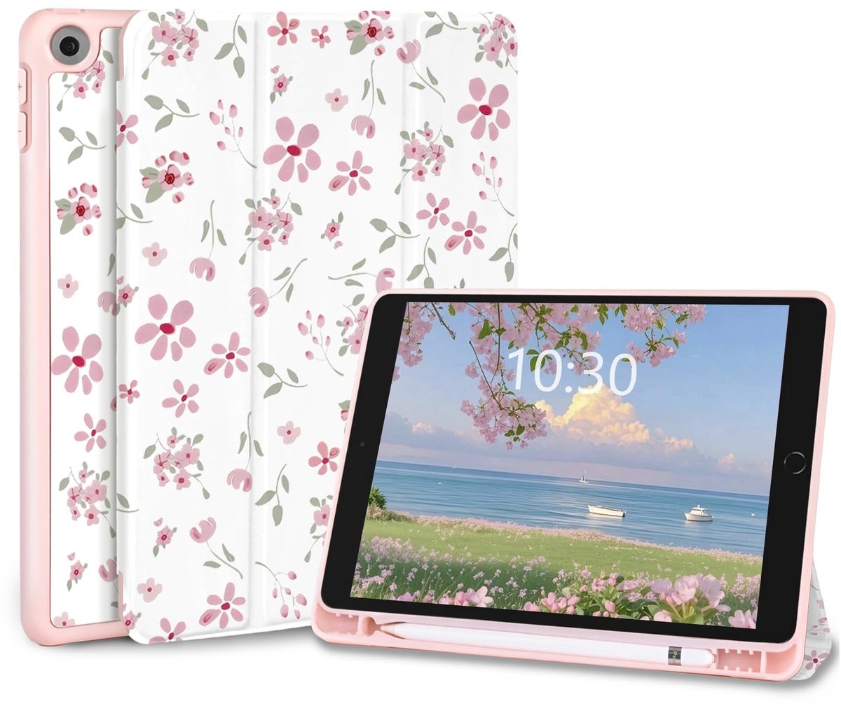 Omgoods - Hoes voor iPad 9e/8e/7e Generatie 10,2 Inch - Schattig Bloemenpatroon met Trifold Standaard