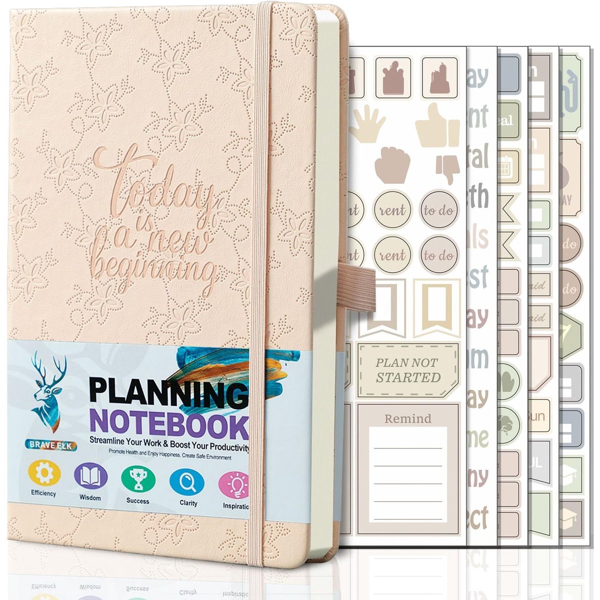 Omgoods - A5 Dagelijkse Planner Notitieboek met Stickers - Kunstleren Hoes in Roze, Blauw en Groen