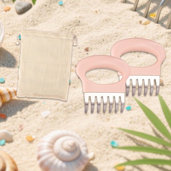 2 Stuks Zandvlooienhark, Strandkam met Netzak Handhark Roze Strandschep voor Het Oprapen van Schelpen Zoekgereedschap voor Zeeglas — afbeelding 2