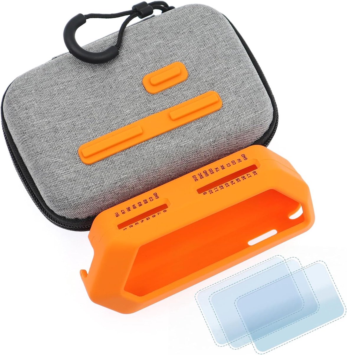 5-in-1 beschermende accessoires zachte siliconen hoes & EVA draagtas & 3 Pack Screen Protect & SD-kaart stofplug & GPIO stofplug voor Flipper Zero - Originele oranje set (oranje)