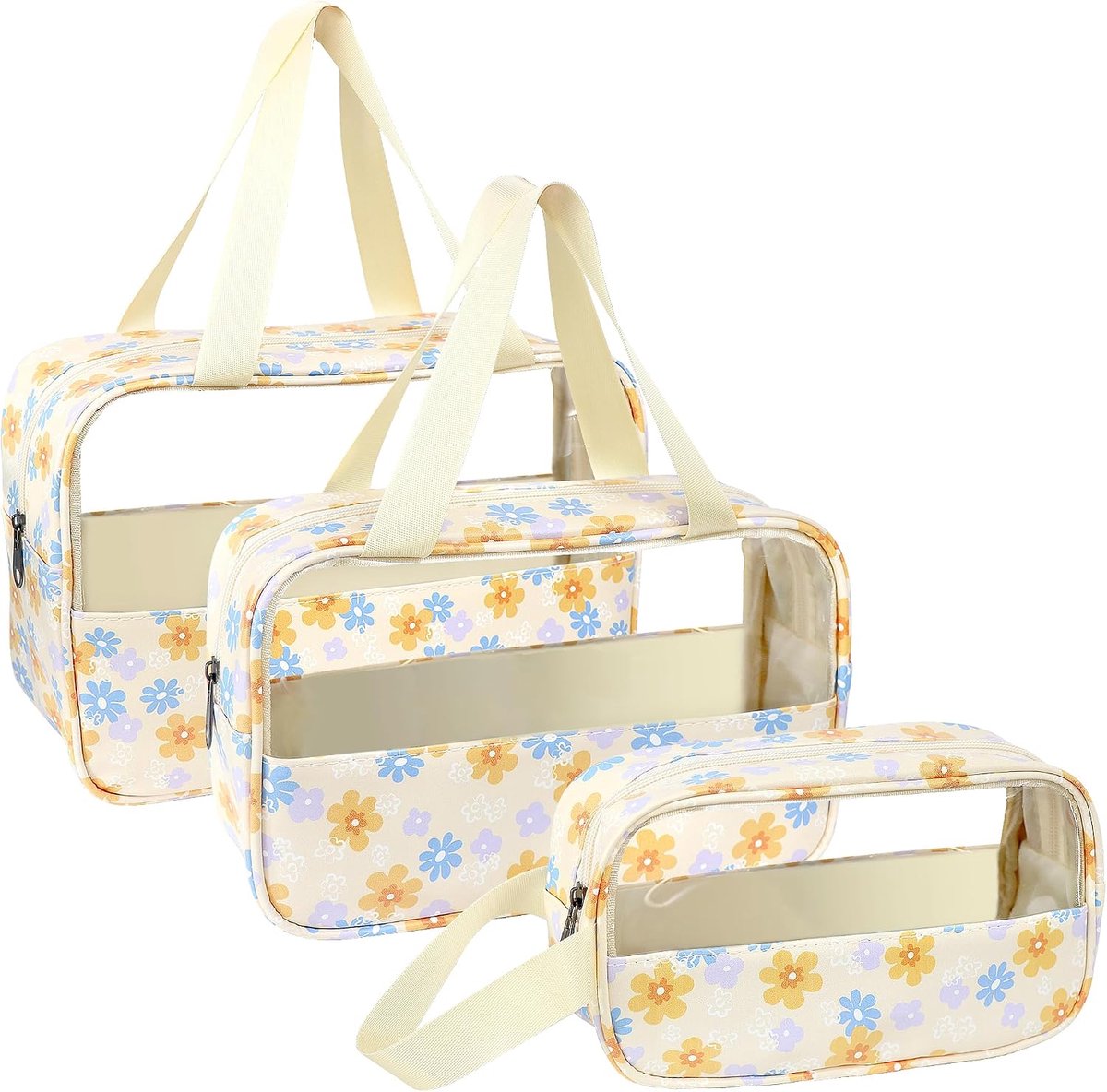 Cosmeticatas, transparant, 3 stuks, waterdichte pvc-toilettas voor dames, lichte make-uptas voor cosmetica, toilettas, reisset, Bedrukt geel, modern