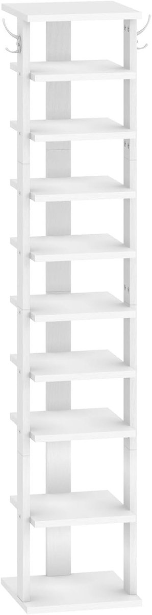 Freestanding Schoenenrek met 10 Niveaus, Ruimtebesparende Opbergoplossing voor Hal en Slaapkamer, Vintage Bruin en Wit met Haken