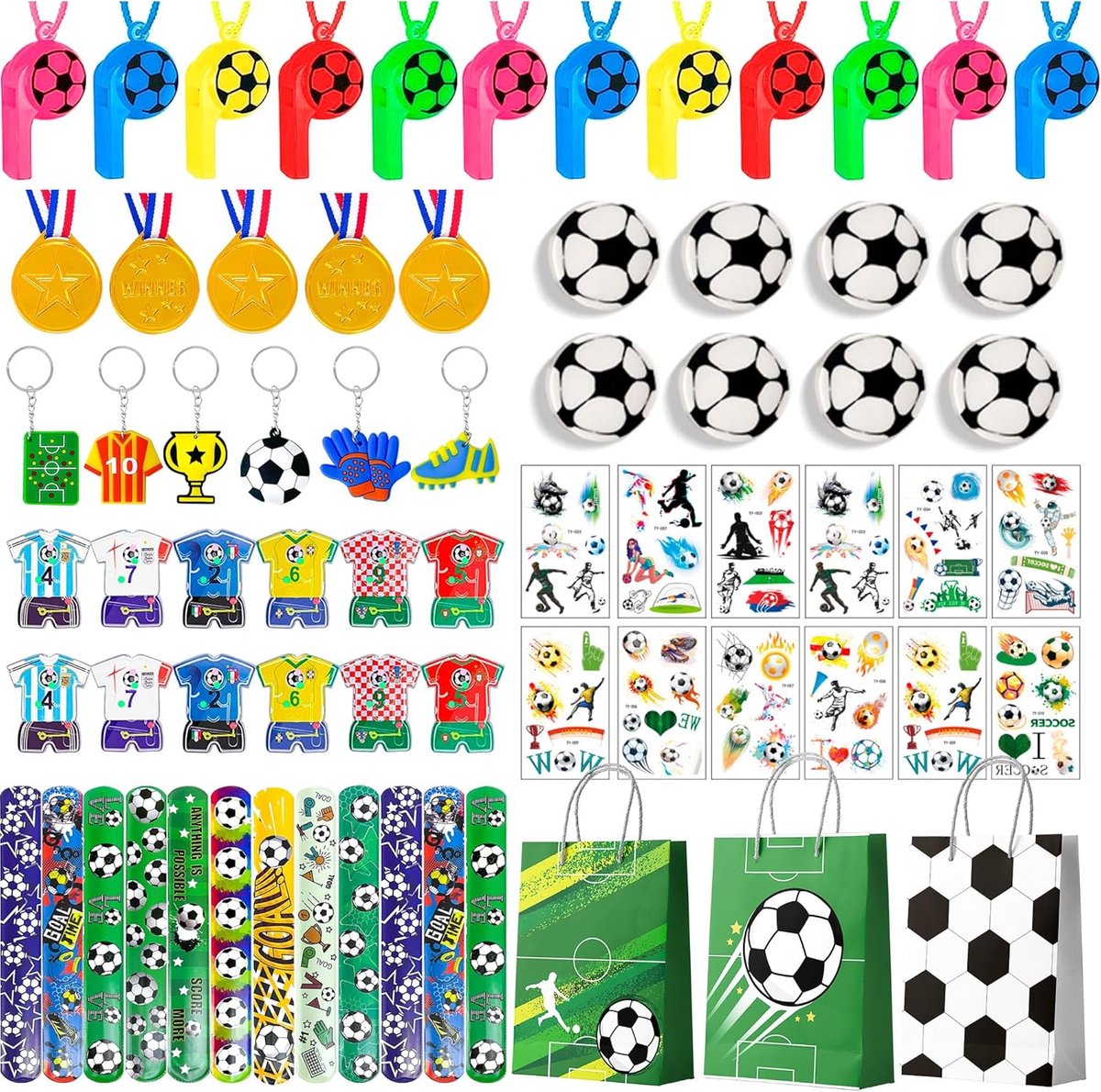 96 stuks voetbalcadeautjes voor jongens, voetbaldecoratie, verjaardag, kindercadeautje, kinderverjaardag, voetbalfeest, trillerfluitje, sleutelhanger, medailles voor voetbal, cadeaus voor