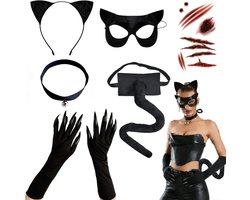 6-delig kattenkostuum voor dames, zwart kattenkostuum voor volwassenen, Catwoman-kostuum accessoires, kattenkostuum accessoires set voor Halloween, carnaval, cosplay, feest