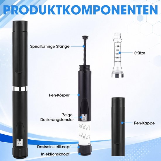 Omgoods - Herbruikbare Insuline Pen met Verstelbare Dosering - Draagbare 60 Eenheden Pen met 2 ml Cartridges (Zwart) — afbeelding 5