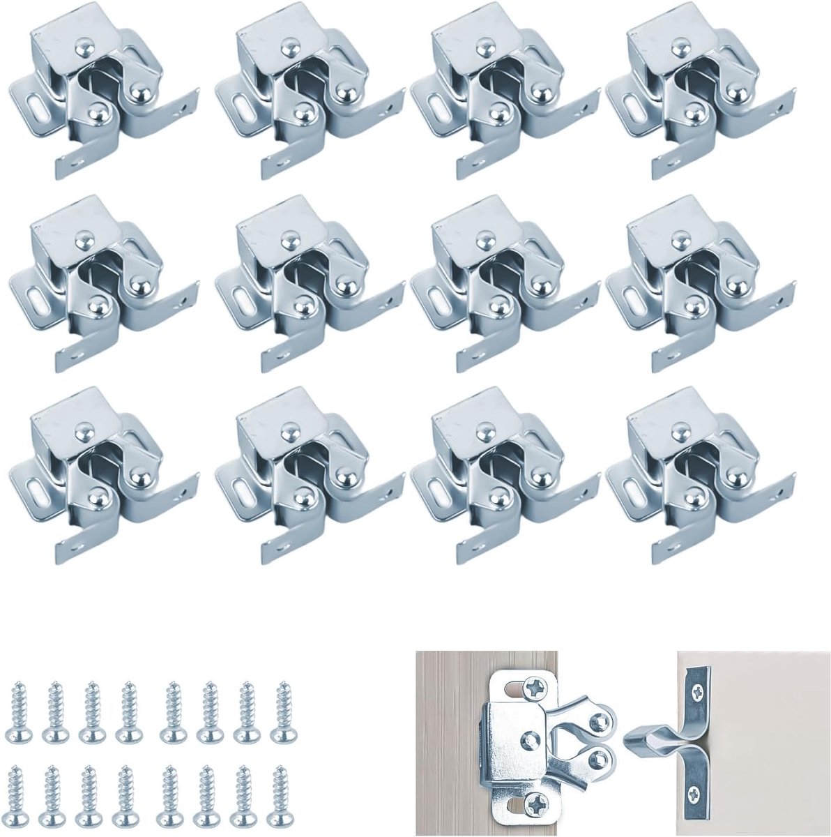 12 stuks meubelsnappers, zilver, dubbele rolsnapper, campingladesluiting met schroeven, kliksluiting, metalen kastdeur, slot voor boekenkast, kast, kast en garderobe