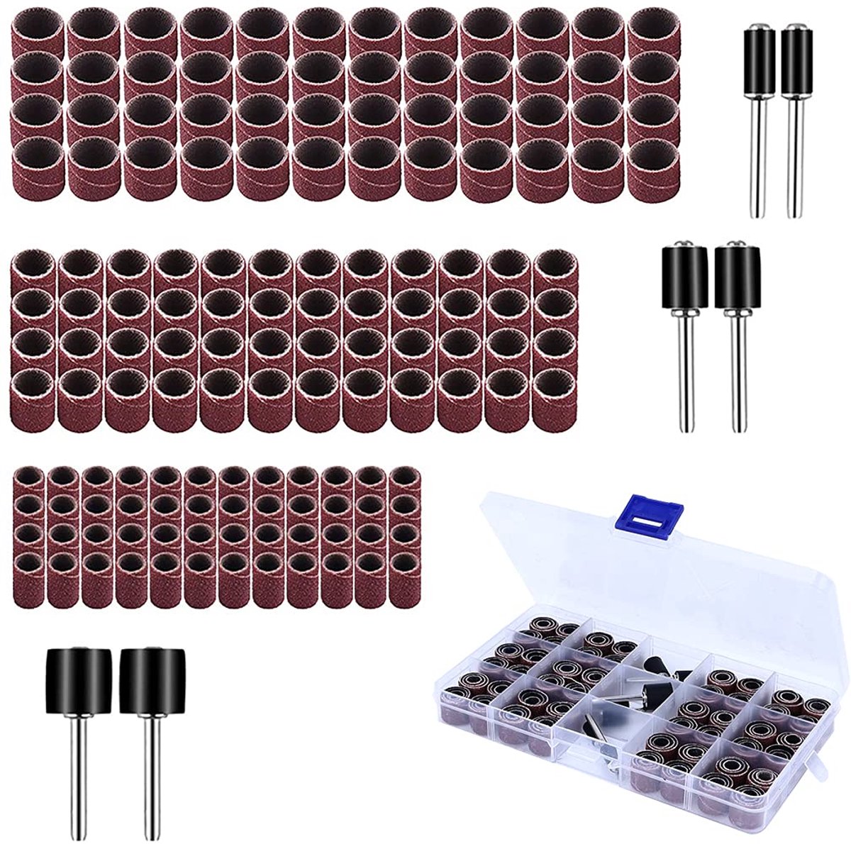 150 Stuks Schuurhulzen, Schuurtrommel Set met 144 Stuks Schuurbandmouwen and 6 Stuks Schuurrol Rotary Tool