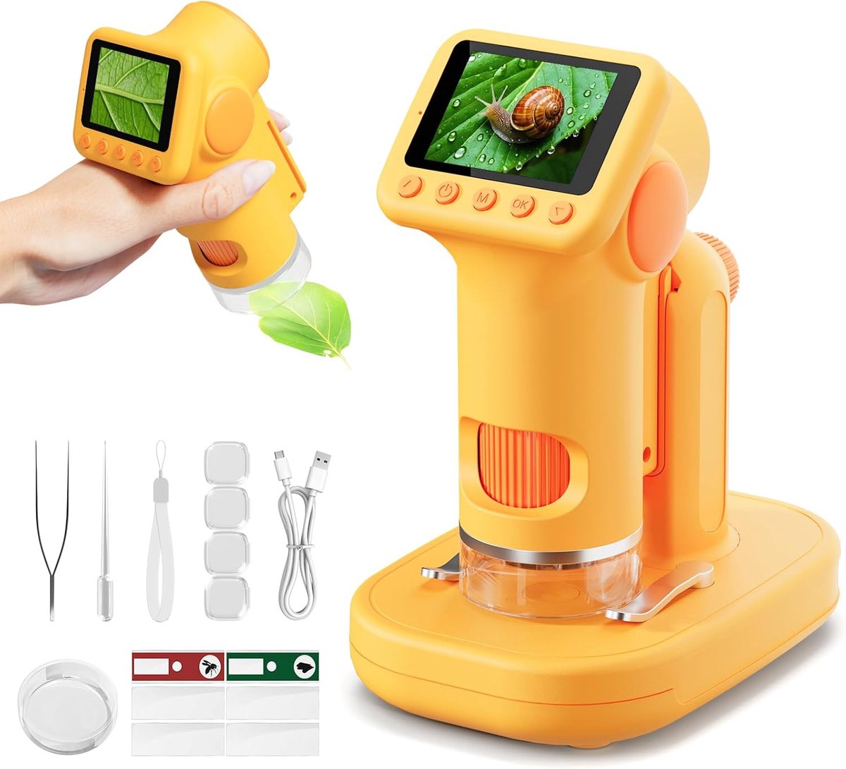 1600X Microscoop voor Kinderen, 4K 2 inch Scherm Kids Microscopen met Slides Kit Microscoop voor Peuters Kerst Verjaardagscadeaus Speelgoed voor 3-14 Jaar Oude Kinderen Studenten (Geel)