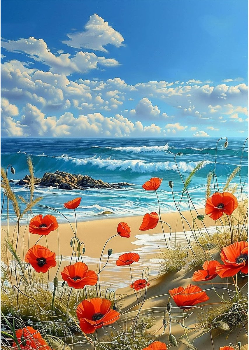 Mooi Strand Diamant Schilderij Set voor Volwassenen | 5D Klaprozen en Zeegolven Mozaïek, Volledige Ronde Boor Huisdecoratie 30x40cm