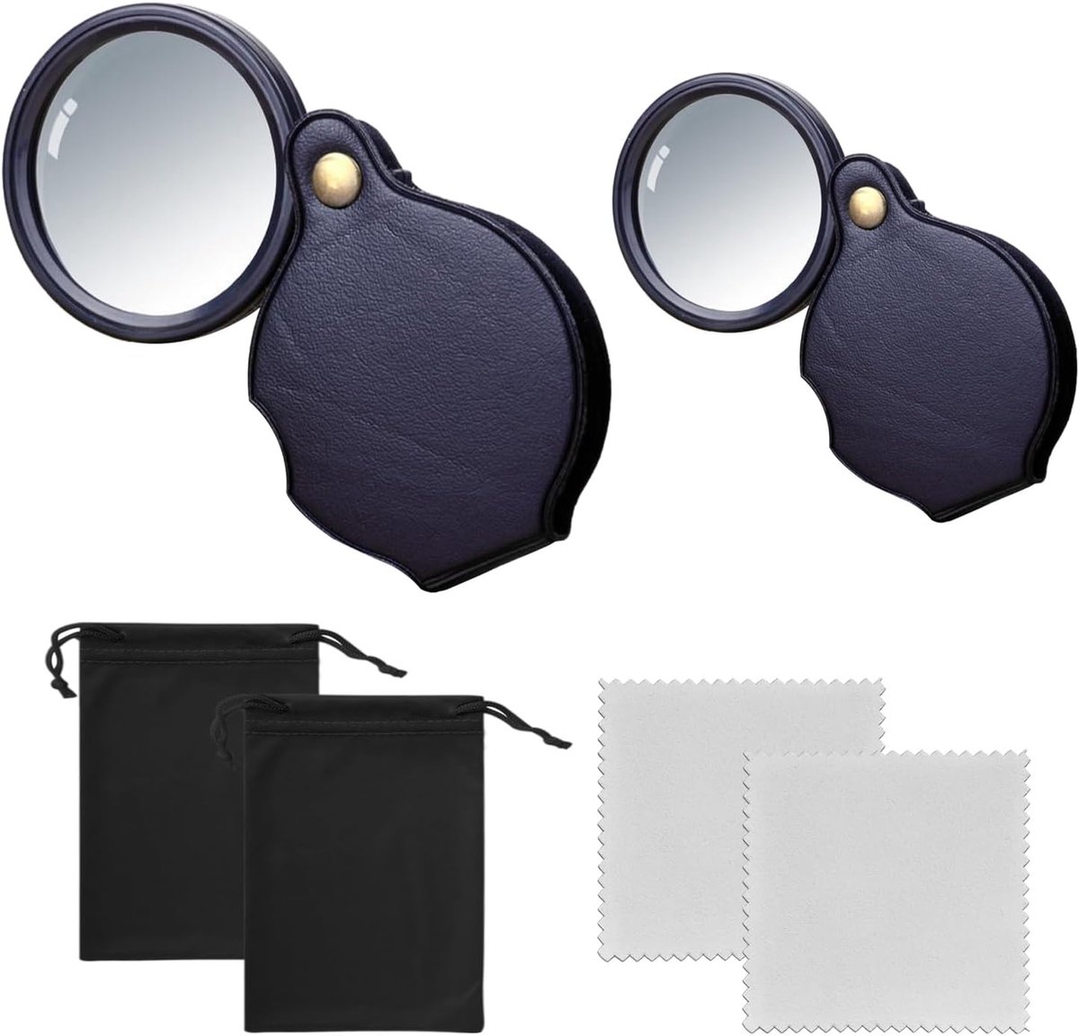 2 stuks 10-voudige loep, 2 reinigingsdoekjes en 2 opbergtassen, opvouwbare lederen vergrootglas, vergrootglas met beschermhoes, geschikt voor het lezen van boeken, kranten