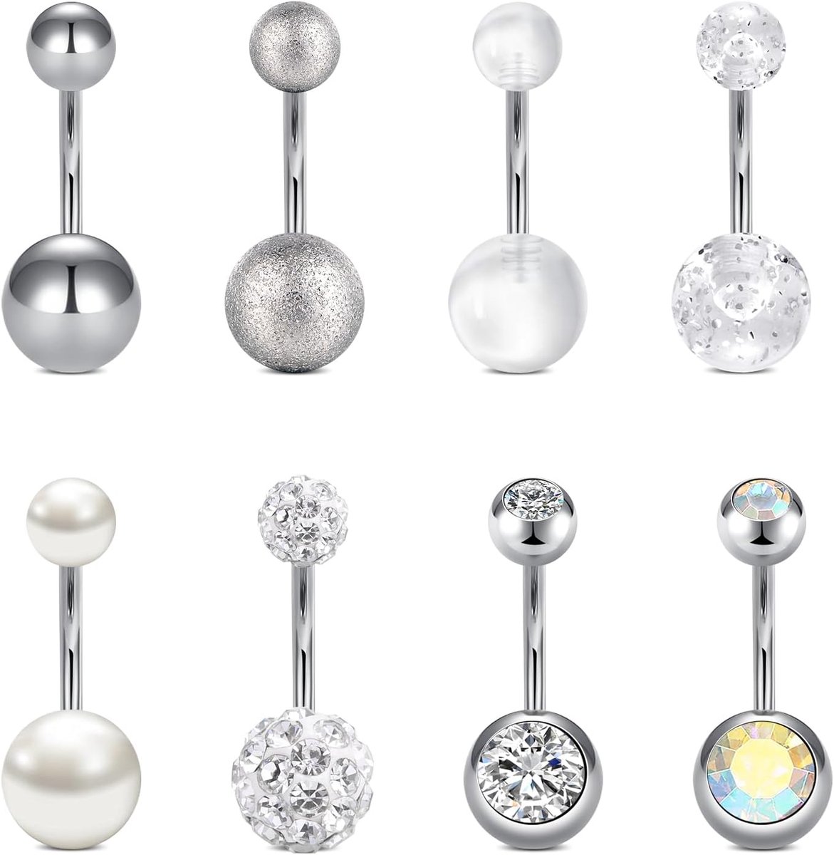 8 stuks navelstaafjes set 6/10/12/14mm navelstaafjes set roestvrij staal navelpiercing navelpiercing piercing sieraden 14G zilver zwart