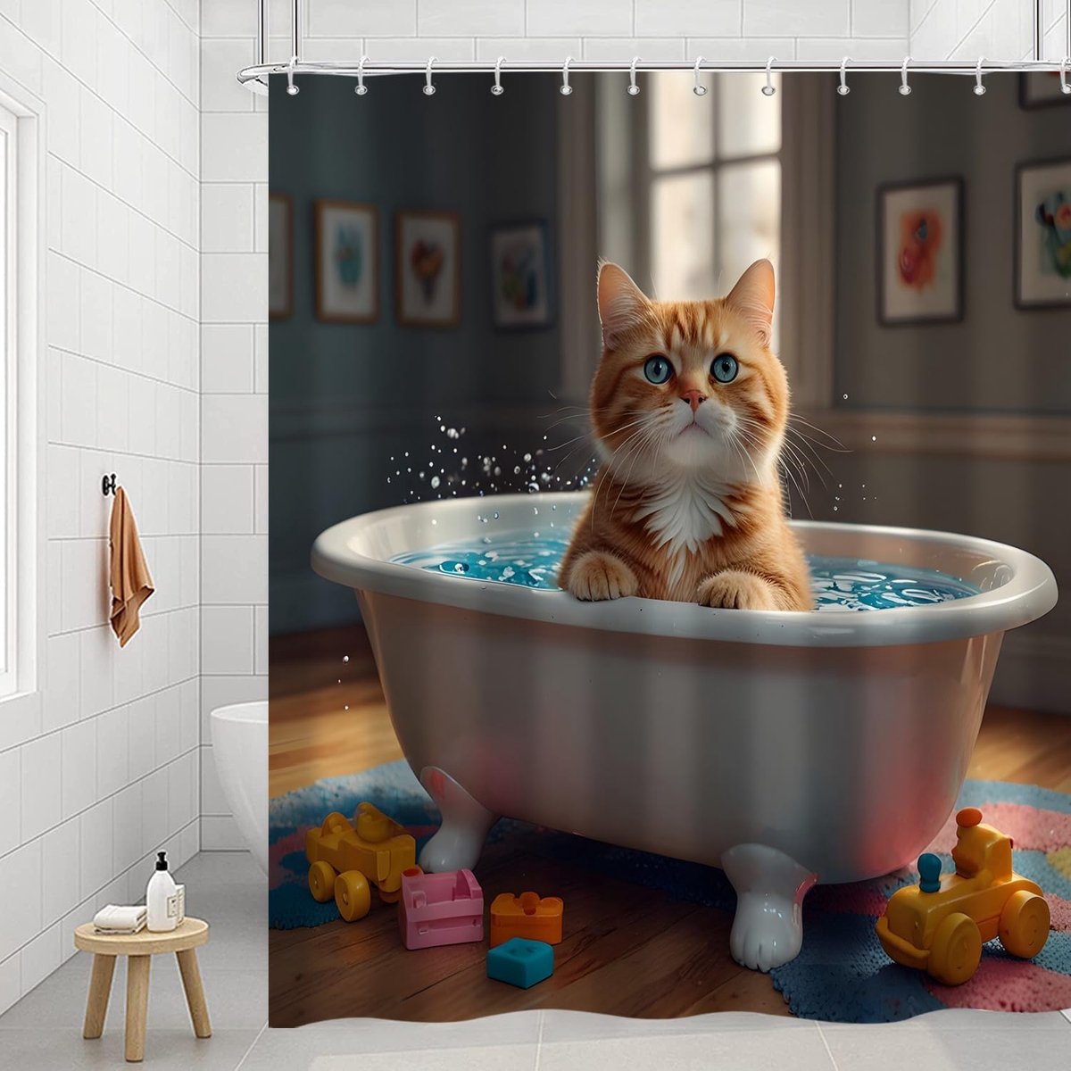 Douchegordijn, grappige kat, 180 x 200 cm, schattige kat in badkuip, kinderbadgordijn, waterdicht, polyester, wasbaar, badgordijn voor badkamer, met haken