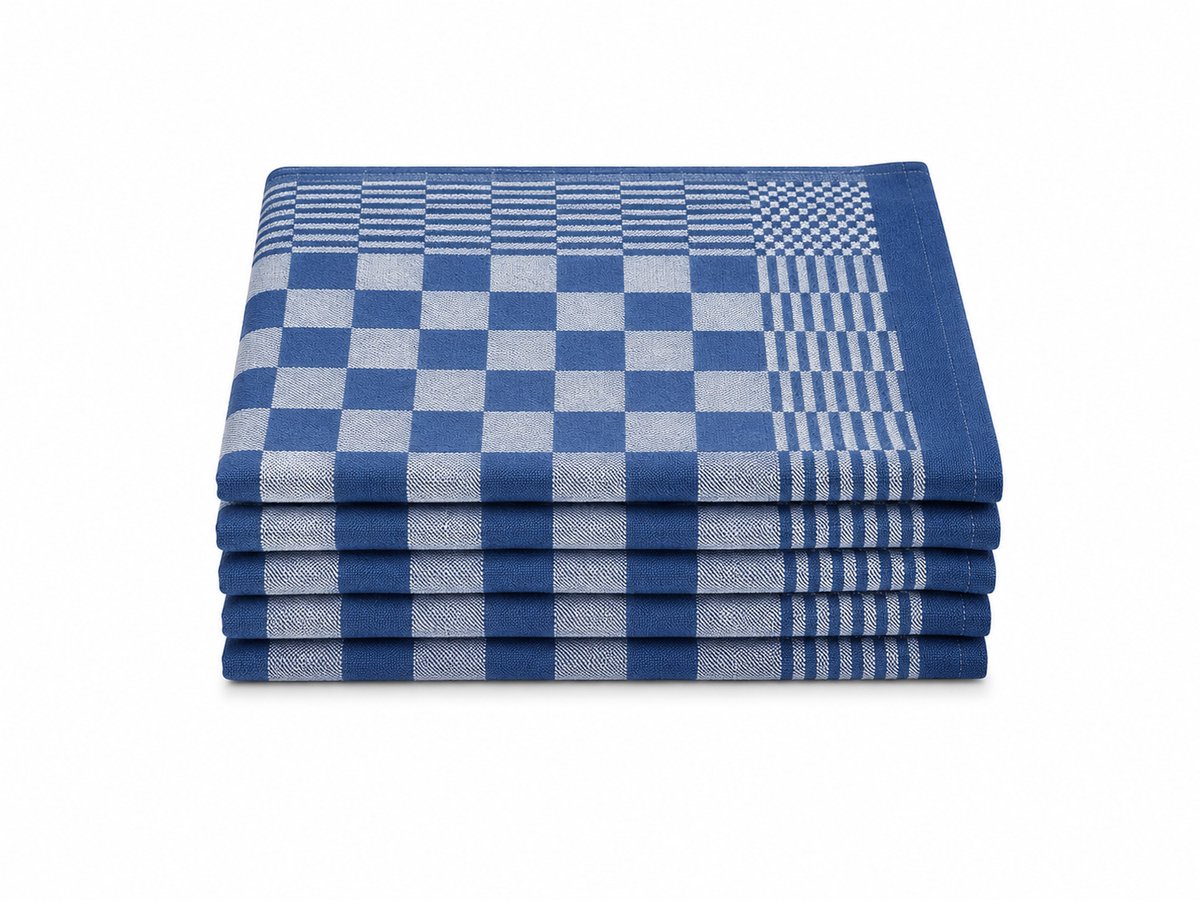 Theedoekenset 6 Stuks blauw - 100% Katoen - 65x65 cm - Geblokt Blauw - Horeca Theedoeken - Blokdoeken