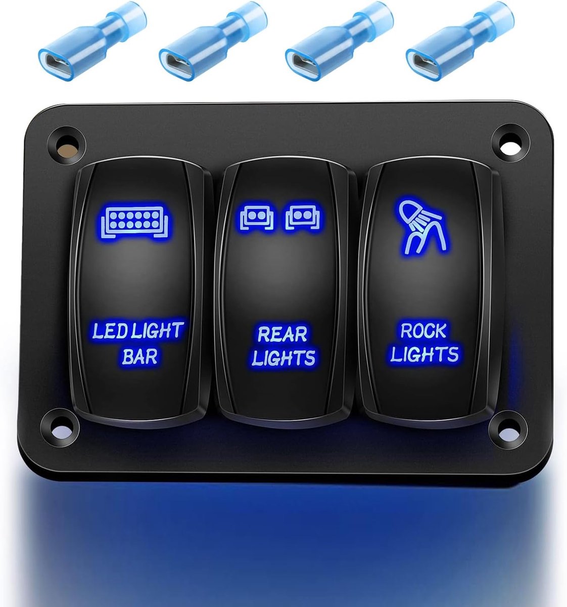 3-weg (LED-LICHTBALK + ACHTERLICHT + ROTSVERLICHTING) Tuimelschakelaarpaneel 12V 24V DC Blauwe Schakelaars Aluminium paneel 5-pins AAN UIT Voorbedraad Tuimelschakelaarpaneel Waterdicht
