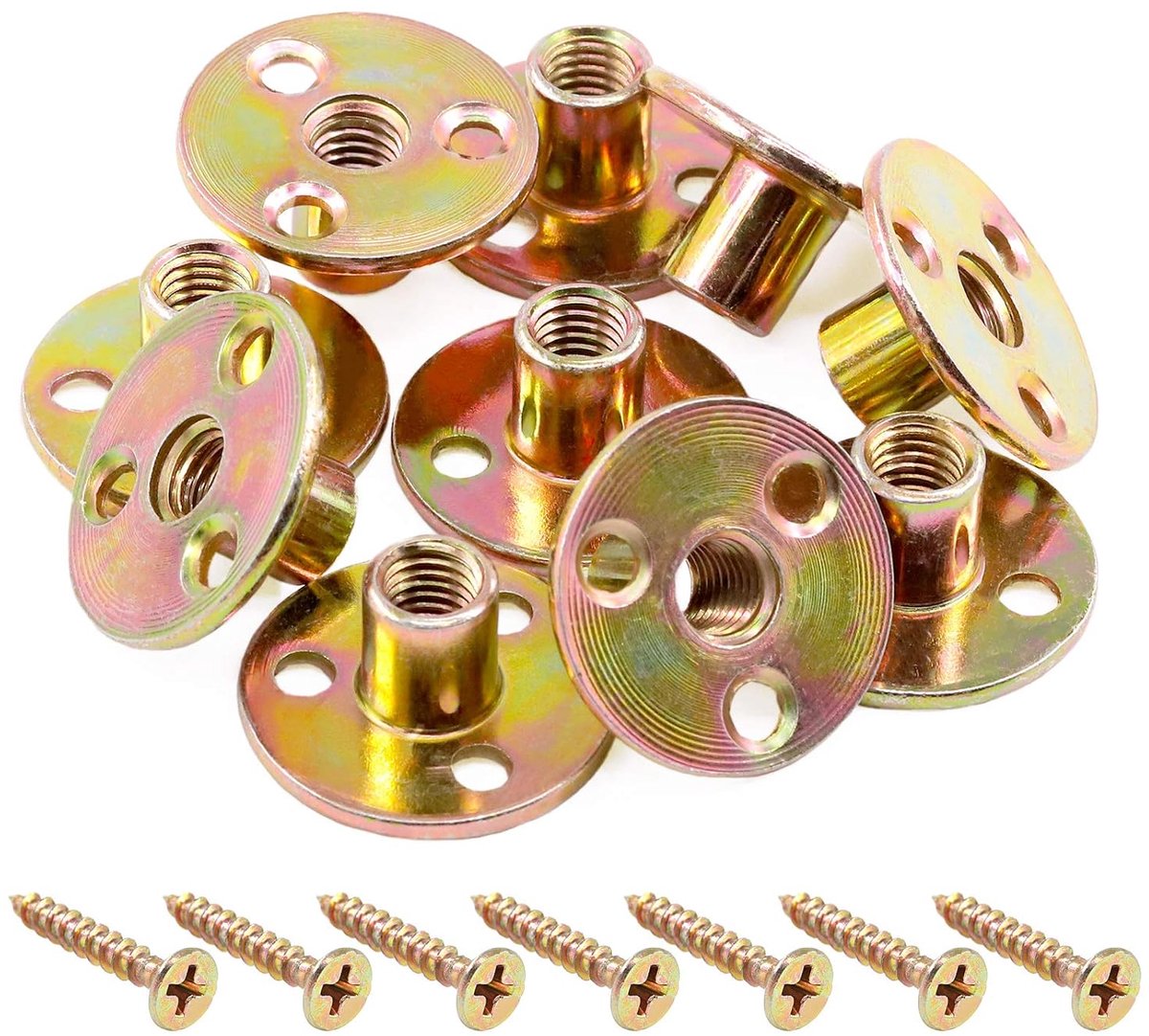 64 Stks M10 Brad Hole Tee Moer met Schroeven Set Koolstofstaal T-moeren Verzinkt Ronde Basis Vrouwelijke Draad Schroef-in Meubelhardware