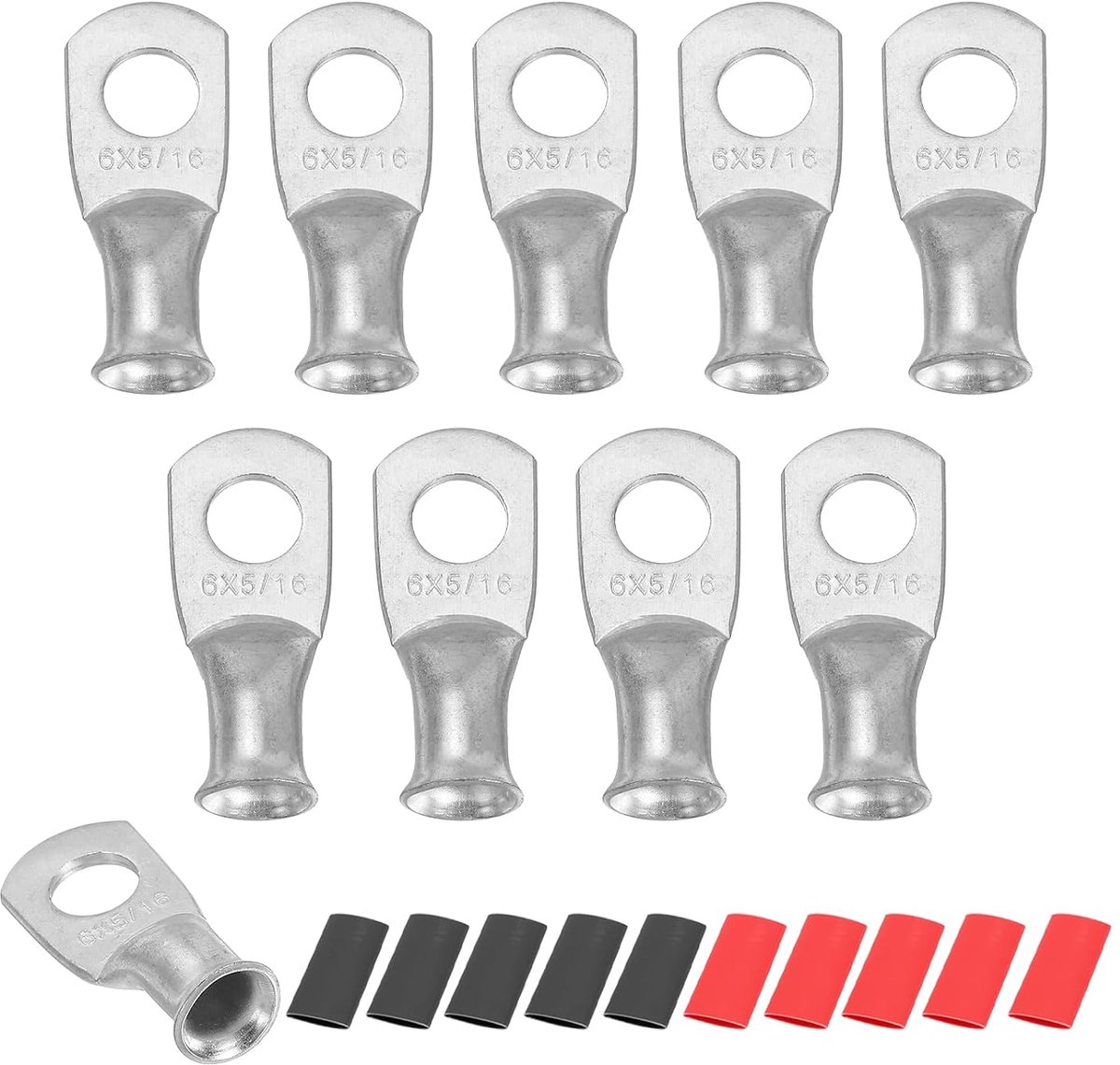 10 stuks 6 AWG ringklemmen voor batterij M8, krimpkabelconnector met terminal A 5/16 inch 8 mm van koper, krimpkous 2:1, kleur zilver