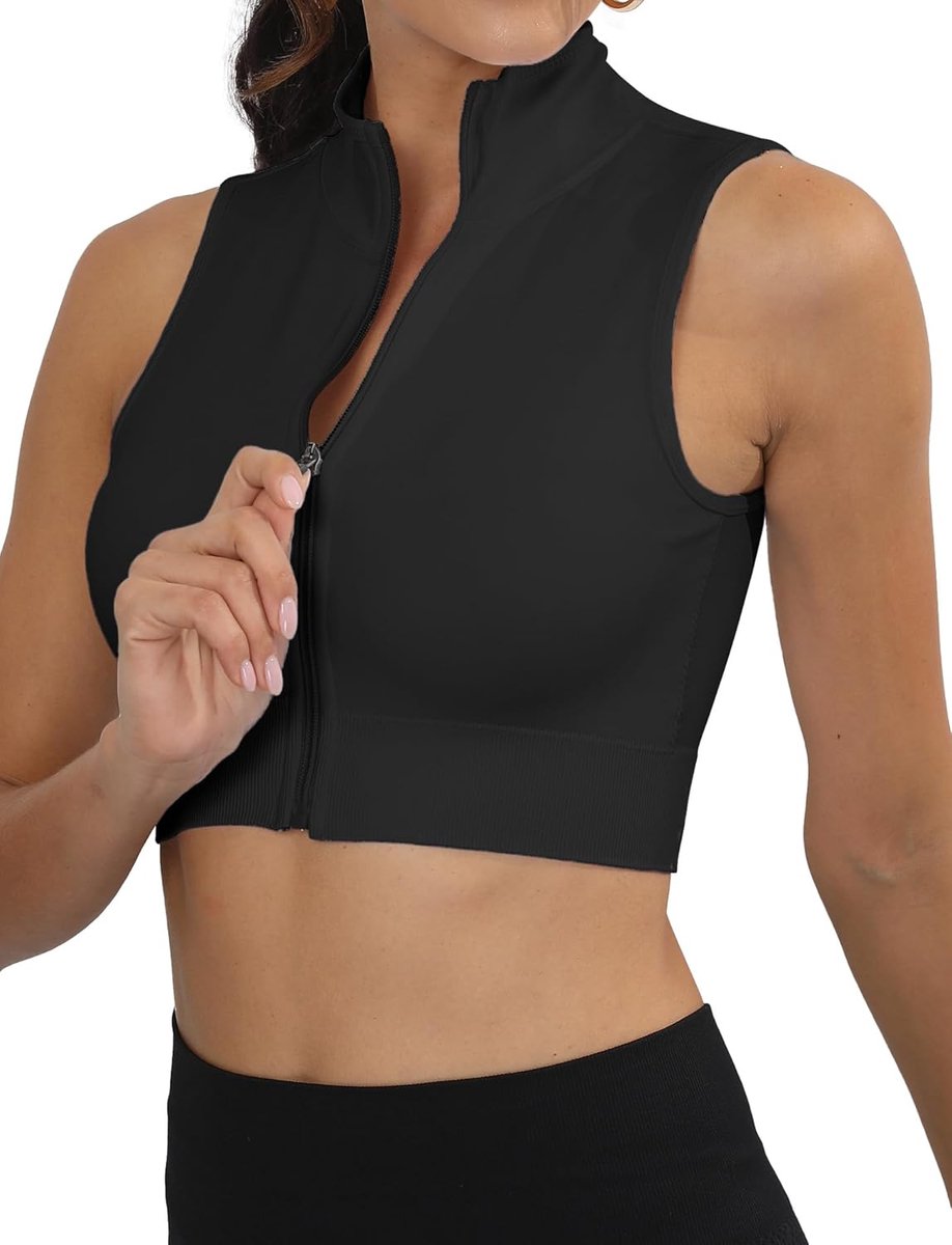 Sport crop top dames mouwloos ritssluiting tanktop opstaande kraag strak kort bovendeel slim fit voor gym fitness workout S-L