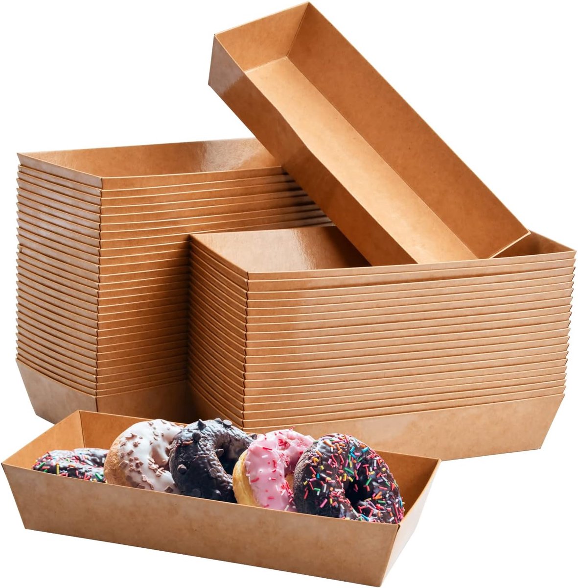 50 stuks kraftpapier voedselbak, bruine papieren bakjes kartonnen boten, water- en oliebestendige papieren snackbakken, kraftkartonnen kommen voor snacks, gefrituurd voedsel, salades