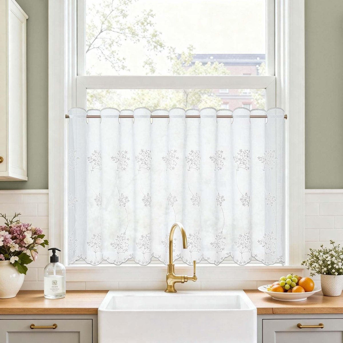 Cafe Net Curtain 24 Inch met Botanische Borduursels - Lichtdoorlatende Keuken Gordijn