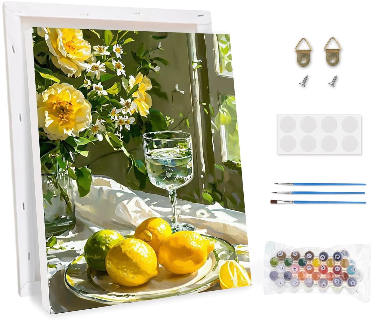 Omgoods- Schilderen op Nummer - Citroenen met Lijst - Doe-Het-Zelf Handgeschilderd - Olieverfschilderijset voor Beginners - Kit met Kwasten - Ontspanning en Creativiteit - Verfset
