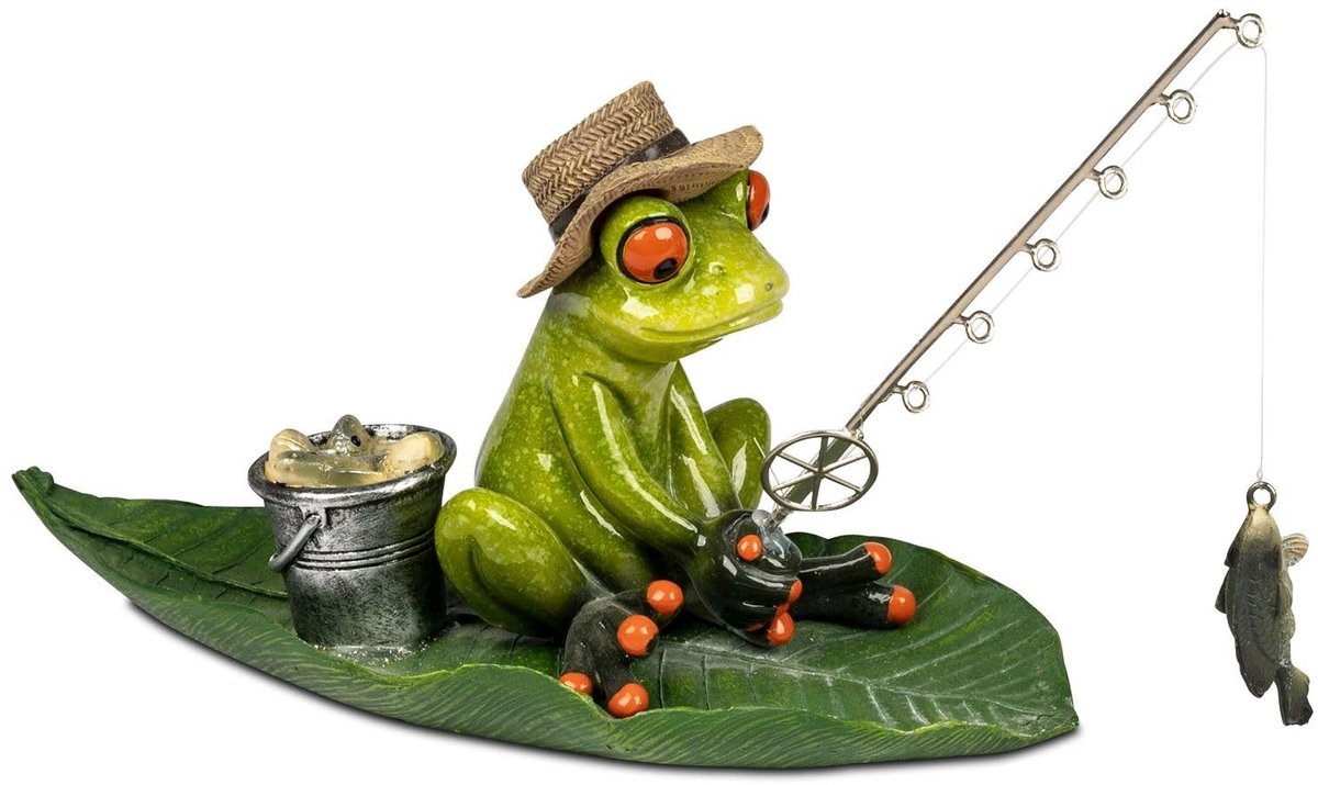 Omgoods- Decoratiefiguur Kikker Hengelaar - Handbeschilderd - Polyhars - 19 x 14 x 9 cm - Humoristische Woondecoratie - Glanzend oppervlak - Ontspannende sfeer