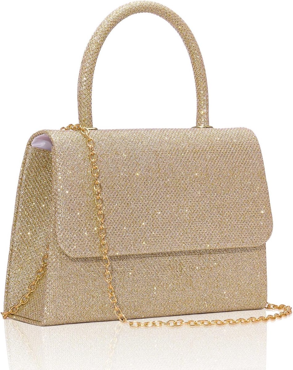 Clutch, glitter dameshandtas met afneembare ketting, metallic pailletten, avondtas voor bruiloft, feest, date, gouden pailletten, Hedendaags