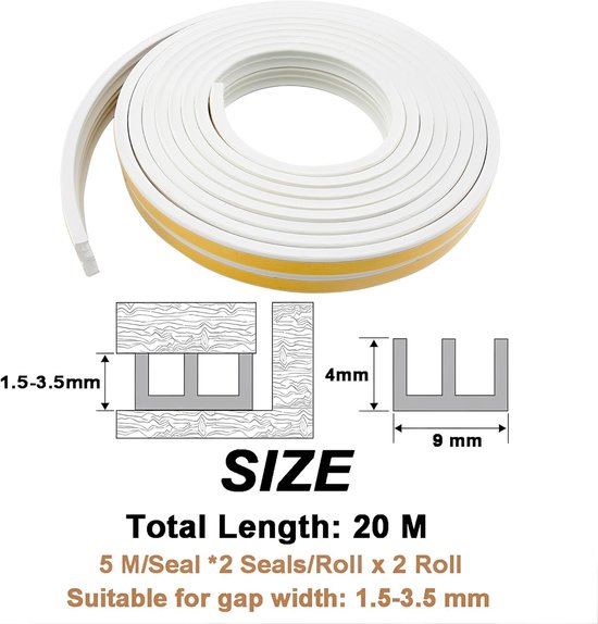 tochtstopper voor deuren en ramen, zelfklevend, anti-botsingsrubber, E-type, schuimafdichtingstape, rubberen geluidsisolatie voor tochtstopper voor deur, raam, wit, E-9 x 4-10 m) — afbeelding 2