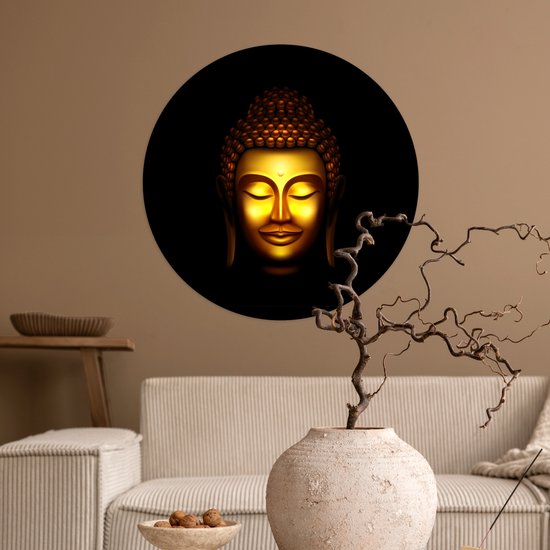 WallCircle® - Behangcirkel 50x50 cm - Muurstickers Boeddha - Gezicht - Goud - Muurcirkel woonkamer - Wandcirkel slaapkamer - Kamer decoratie zelfklevend - Muurdecoratie accessoires
