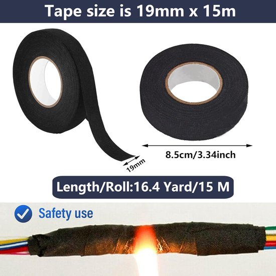 zwart, autokabelboom plakband, zelfklevend doek, textieltape, isolatietape, zwart, voor auto-kabelbomen (19 mm x 15 m) — afbeelding 5