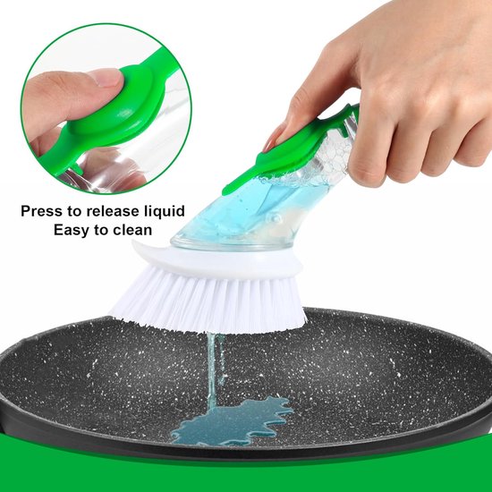 Afwasborstel met afwasmiddeldispenser, vulbare vaatborstel - 2 reserveborstelkoppen, schuurvrij, vulbare afwasborstel voor servies, potten, keukenspoelbakken, reiniging, met 2 haken — afbeelding 4