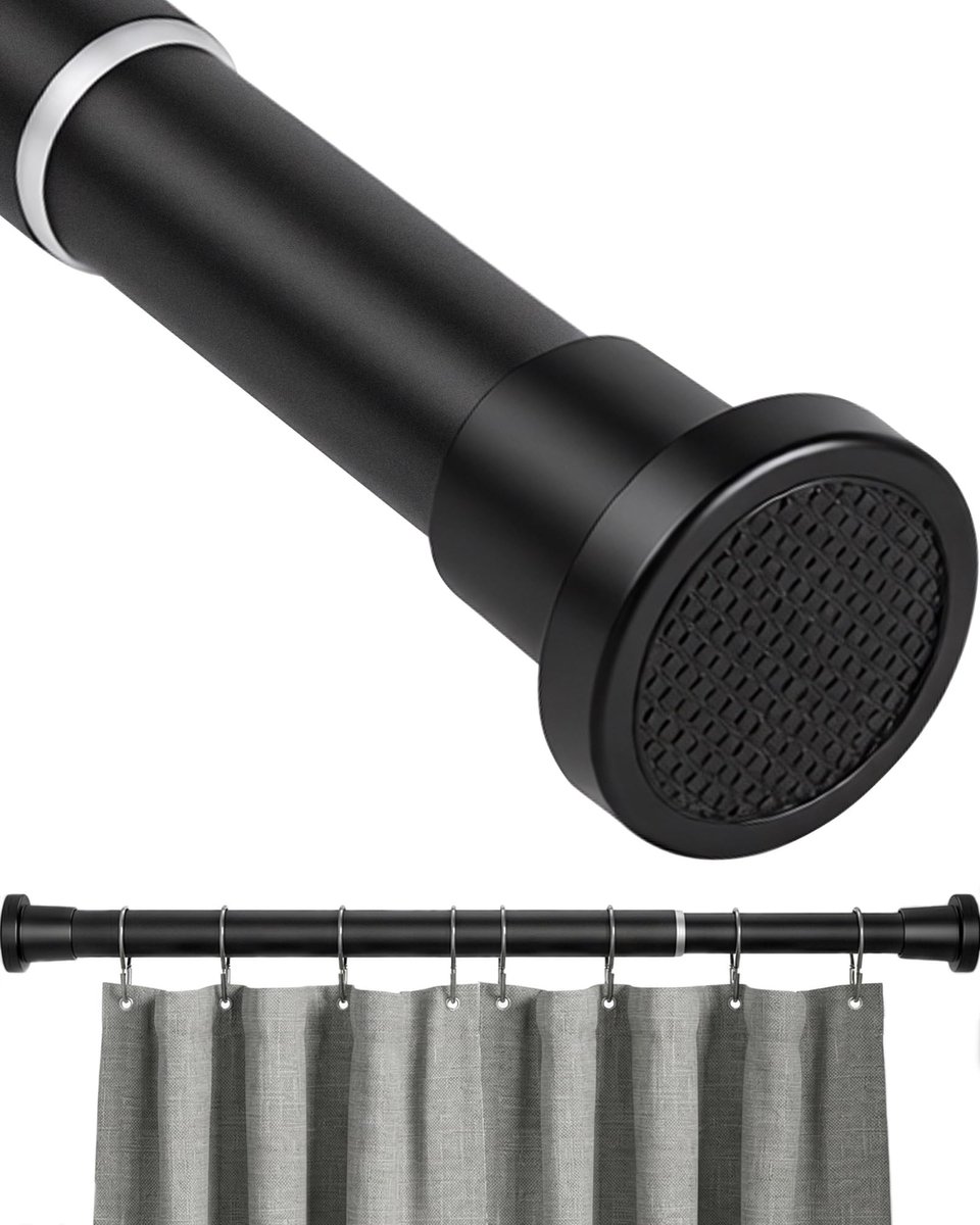 Dailygoods- Gordijnroede zonder boren - Verstelbare telescopische stang - Zwart - Antislip - Roestvrij staal - Diameter 25 mm - Voor badkamer en raam - Telescoopstang