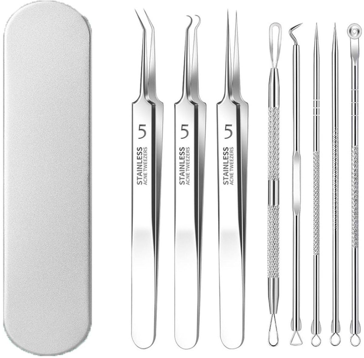 Dailygoods- Mee-eterverwijderaar Professionele Set - Roestvrijstalen Puistjespopper - Comedone Extractor - Acne Verwijderaar - Whiteheads Verwijderaar - 8 Stuks Set