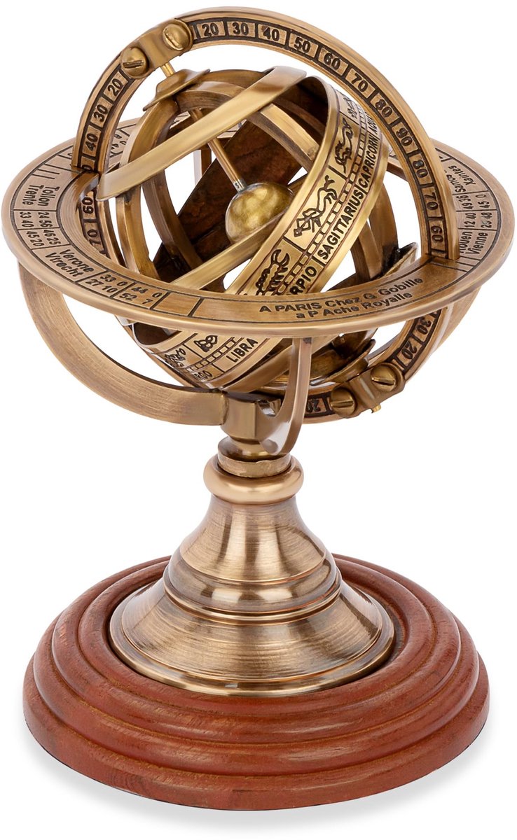 Dailygoods- Armillarische Bol Antiek Messing - Houten Voet - 14 x 8,5 cm - Astronomische Armillairbolwerk - 1 Stuk