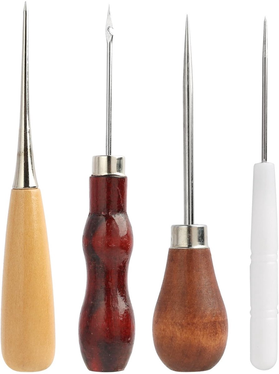 Dailygoods- Priem 4-delige Set - Houten Handvat - Recht/Gebogen/Geboorde Priem - Naaigereedschap - Duurzaam - Geschikt voor Leer/Canvas
