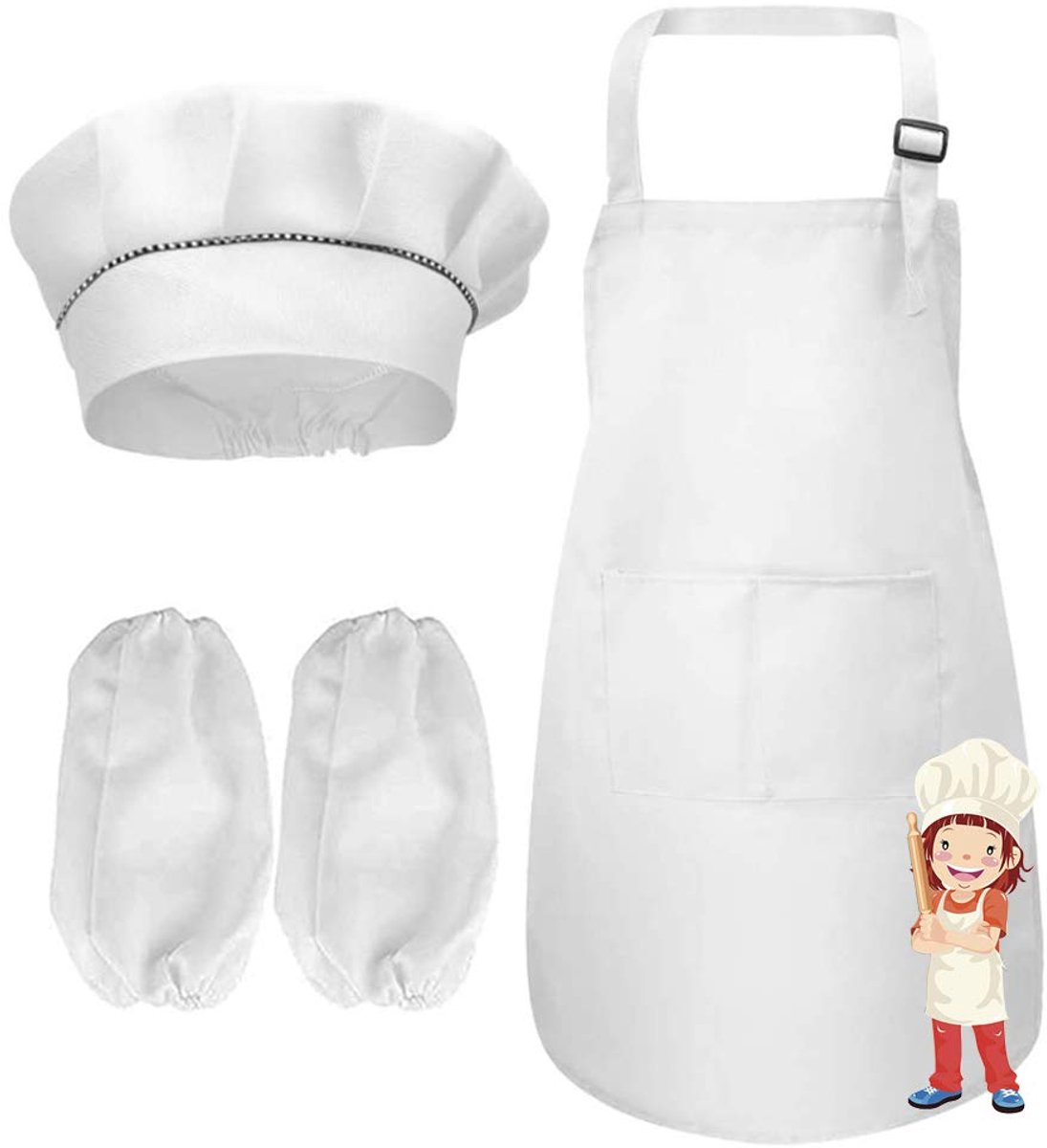 Schort Set, Canvas Wit Hoed en Schort met Zakken, Verstelbare Meisjes/Jongens Chef Outfit (4-13 Jaar)