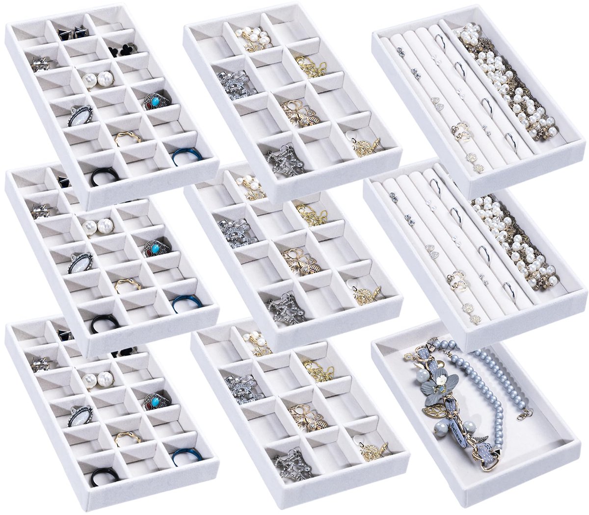 Sieraden Organizer Tray, Stapelbare Fluwelen Sieraden Trays, Lade Inserts Earring Organizer Voor Vrouwen Meisjes Sieraden Opslag Display Case voor Ringen Stud Kettingen, Set van 9 (Wit)