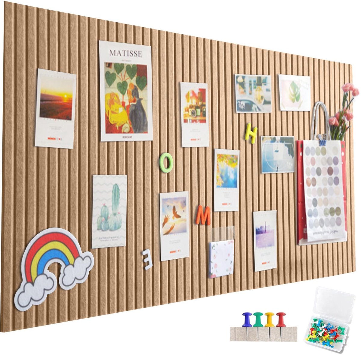 vilten prikbord, zelfklevend, 90 x 60 cm, verticale strepen, decoratief prikbord van vilt, opvouwbaar fotobord, memoborden, memoborden, bulletin board voor kantoor, keuken, Longan-geel