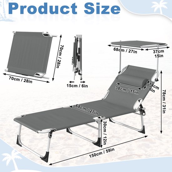 Zonneligstoel met dak, tuinstoel, outdoor ligstoel met hoofdkussen, strandstoel, inklapbaar, verstelbare rugleuning, zonwering tot 100 kg, voor strand, camping, balkon, terras, antraciet — afbeelding 5