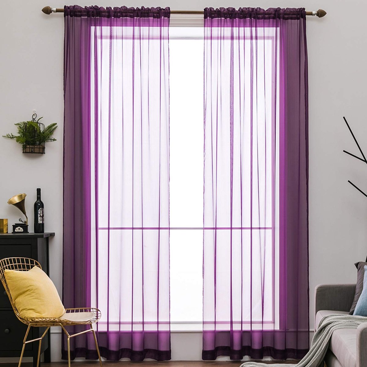 Gordijnen, transparant, polyester, met oogjes voor stang, luchtig, decoratief, voor slaapkamer en woonkamer, 225 x 140 cm (h x b), 2-delige set, lichtpaars
