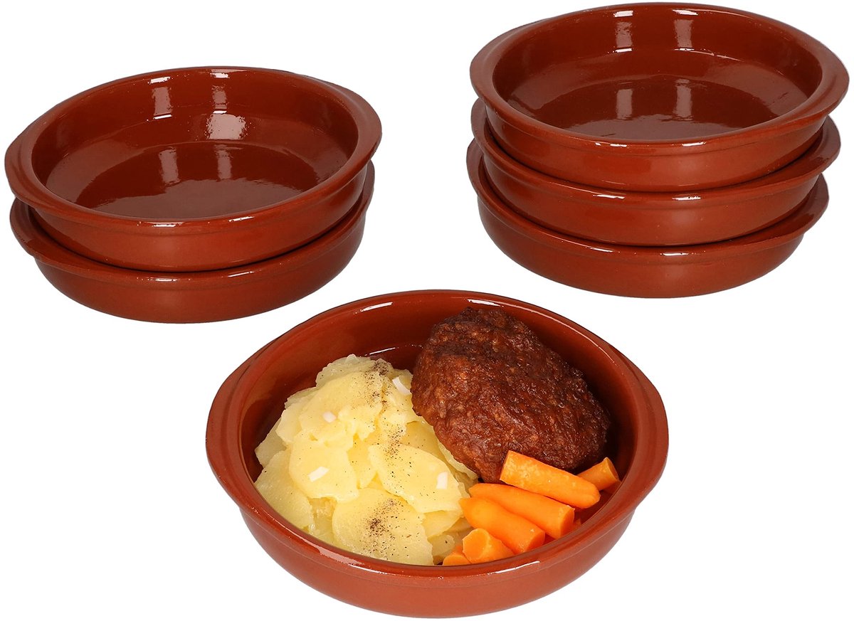 Cazuela Bernd Schaal met handvat, set van 6 kommen, 300 ml, rond, 16 cm, van klei, geglazuurd, maat M, hittebestendig, voor ovenschotel, Tiramisu Fingerfood, uniek, handgemaakt, vintage