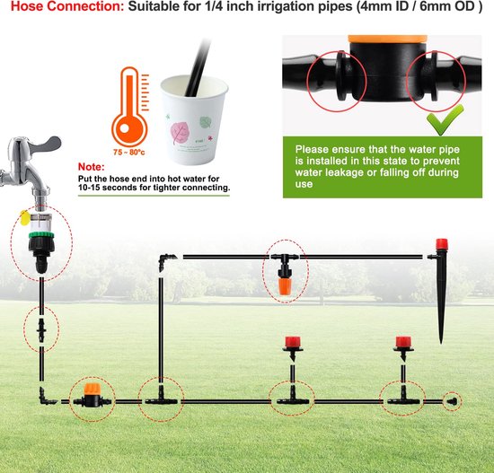 Stuks 4/6 mm Irrigatiesysteem Kit, 15m Irrigatieslang, DIY Auto Drip Irrigatie Kit, met Rechte Weerhakenverbindingen, Weerhaak T-Stukconnector, Eindplug, voor Gazon, Patio, Landschap — afbeelding 3
