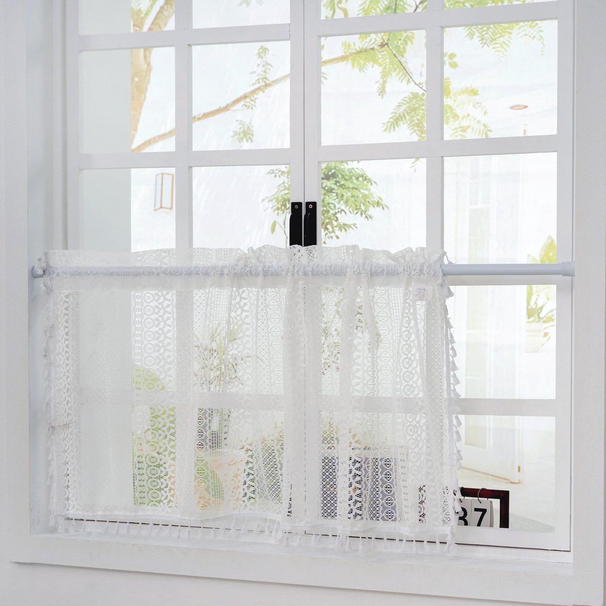 SnelShoppen - Lace Sheer Bistro Gordijn met Rod Pocket - Korte Tassel Gordijnen 45 x 90 cm - Duurzaam Polyester - Perfect voor Woonkamer, Café of Badk