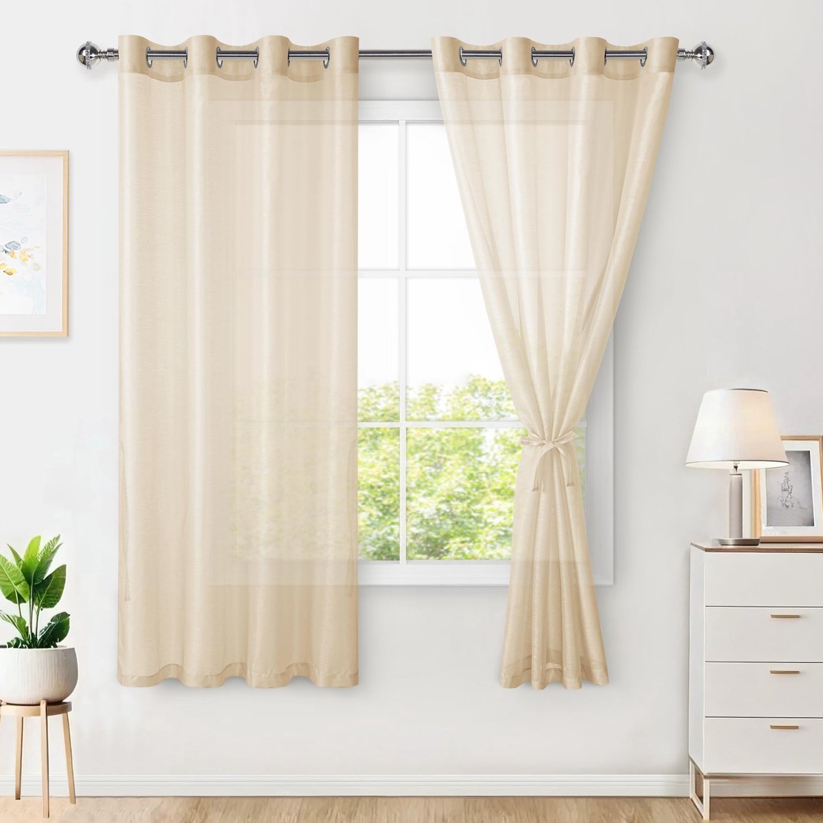 Glasgordijn, set van 2 gordijnen, voor woonkamer met ringen, transparant, doorzichtig, luchtig, decoratief, voor slaapkamer en woonkamer, 160 x 140 cm (h x b), beige