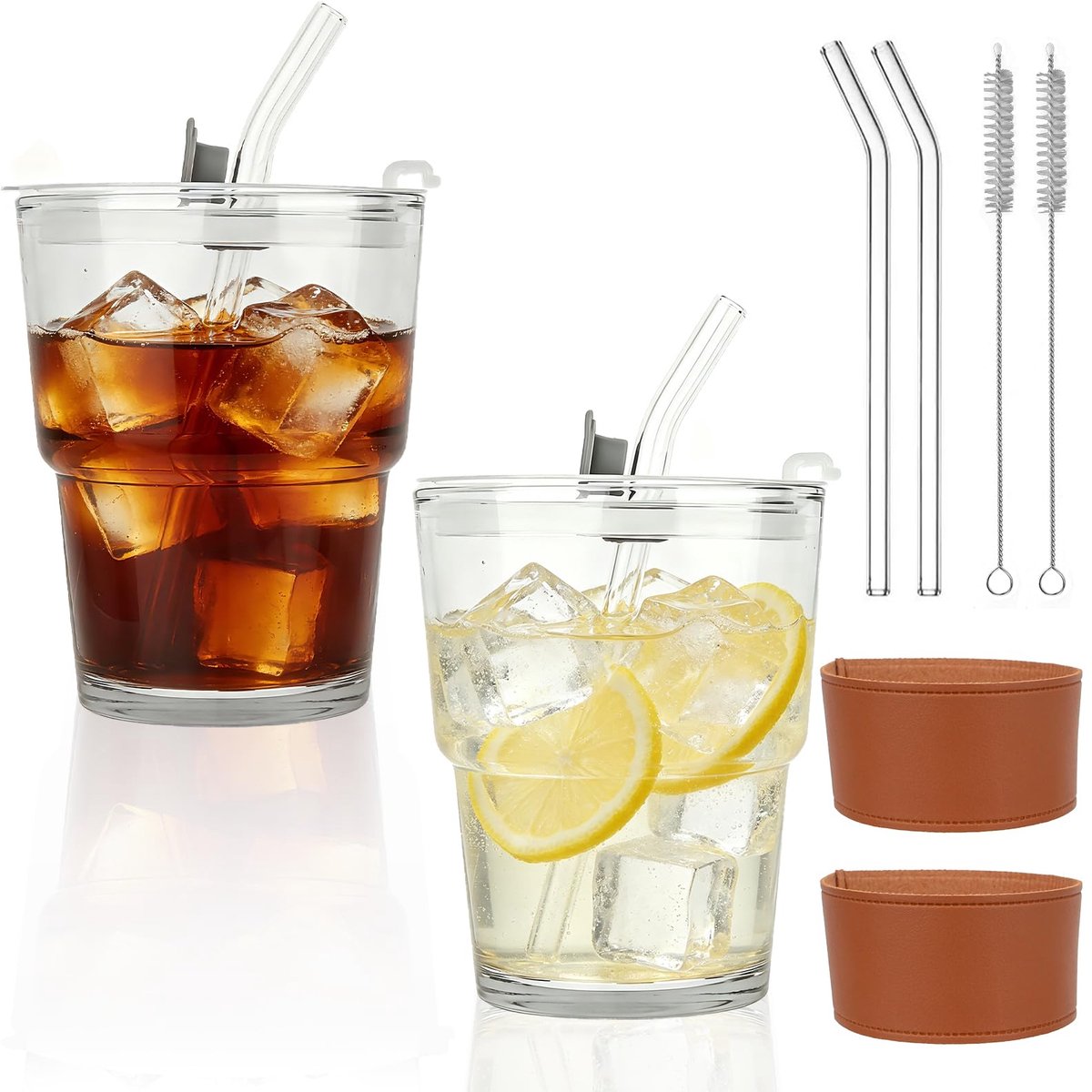 2 stuks 400 ml glazen bekers met deksel en rietje, smoothiebeker met beschermhoes en reinigingsborstel, drinkglazen voor koffie, matcha, thee, melk en cocktails, lekvrij