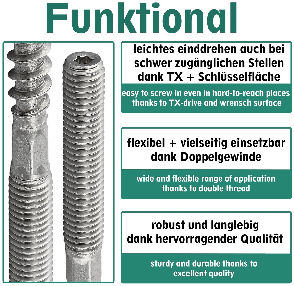 Stockschroeven met Torx-aandrijving (TX) | Roestvrij staal A2 / V2A | Schroeven met dubbele draad | Schroeven | Houtschroef (M8 x 50 mm, 10 stuks)