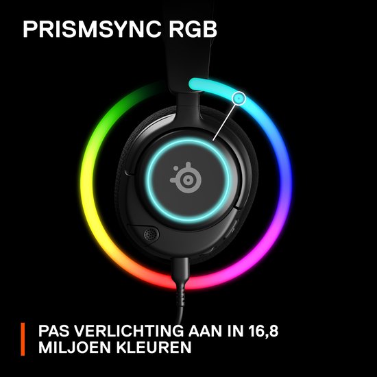 Zwarte gaming headset met circulaire PRISMSYNC RGB-verlichting in meerkleurige regenboogtinten.