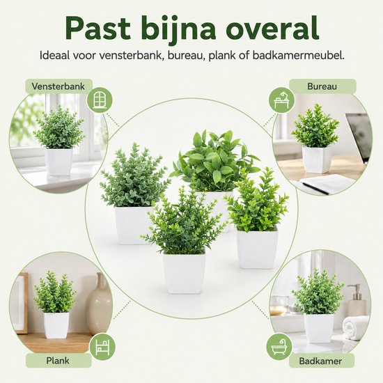 Montage van vijf kunstplanten in witte potten, geplaatst in verschillende huiselijke decorscenario's: vensterbank, bureau, plank, badkamer.