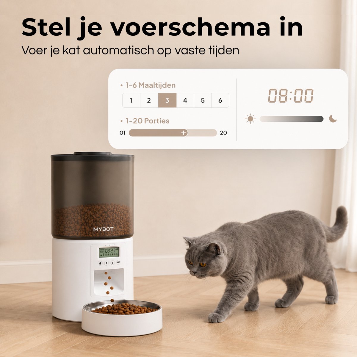 MYBOT Automatische Voerbak - Kat en Hond - Voerautomaat 4L - Met RVS Voerbak en Spraakopname - Voor Droogvoer - Wit - P2 thumbnail 2