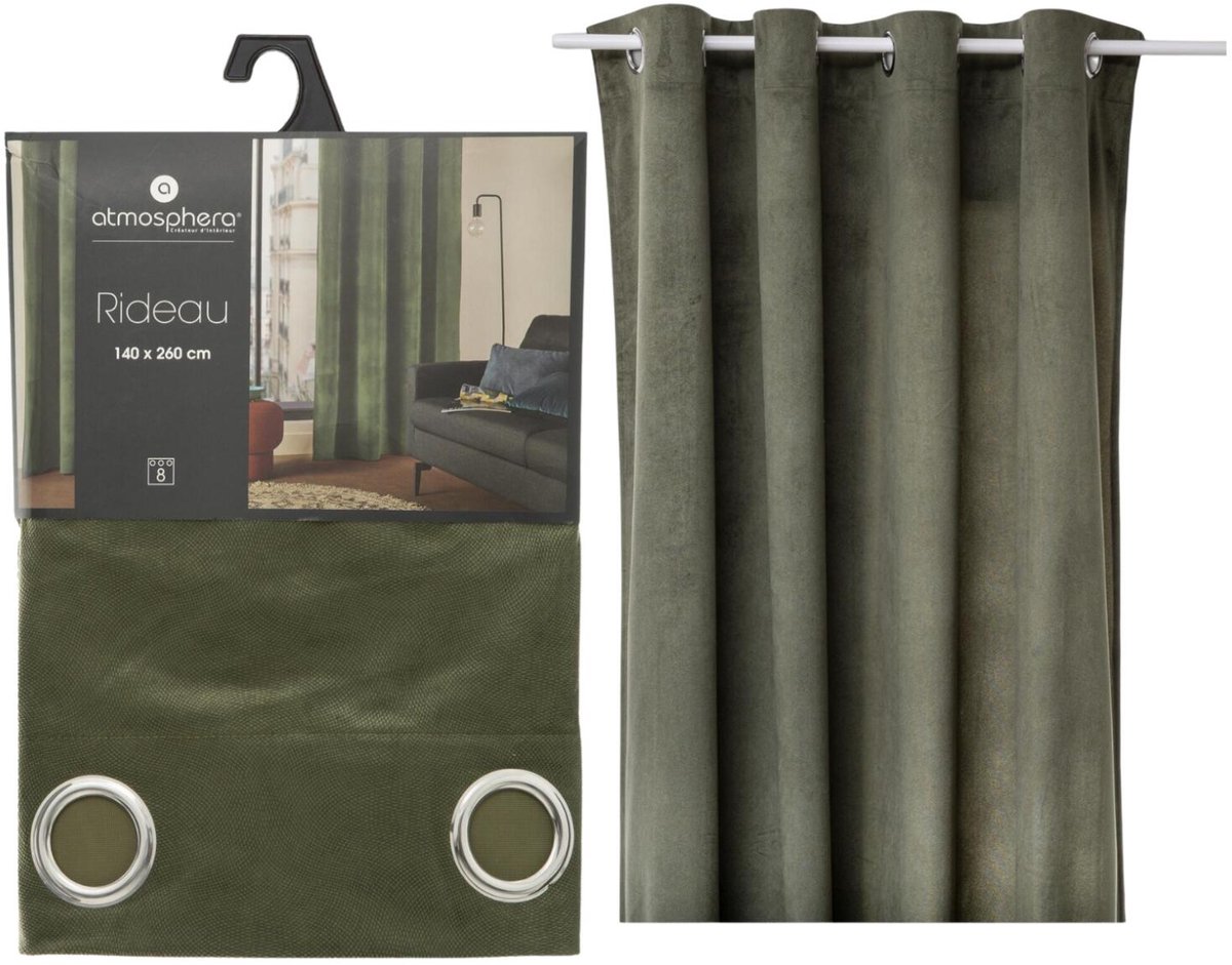 Atmosphera gordijn lilou - 2x - L260 x B140 cm - olijfgroen - polyester - met ringen