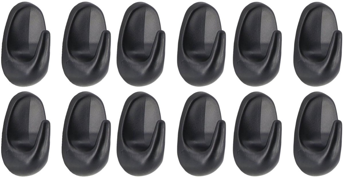 Tendance Plakhaakjes - 3 x 2 x 4,5 cm - Zelfklevende ophang haakjes - 12x stuks - kunststof - zwart - keuken/badkamer haken